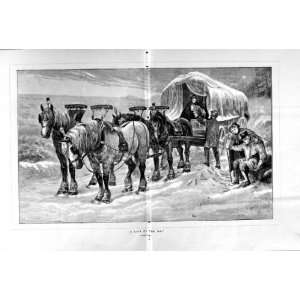  1870 ANTIQUE PRINT HORSES WAGGON FAMILY SNOW WINTER