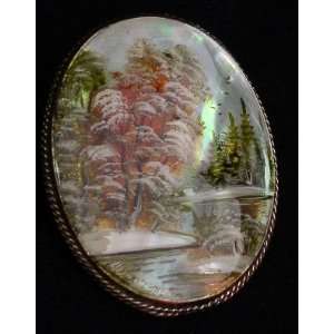  Russian Brooch Hand Painted over Mother of Pearl WINTER 