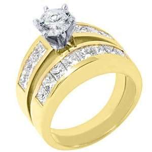 14k Yellow Gold 3.33 Carats Round & Princess Diamond Engagement Ring 