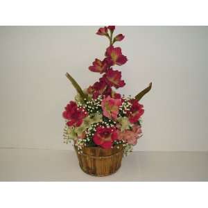  Red Flowers with Babys Breath in Wooden Bucket (22 Tall 