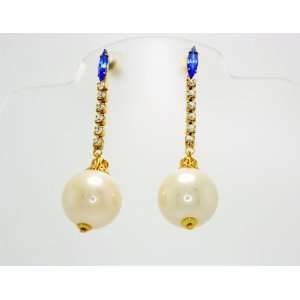   Blue Sapphire Stone and Cultured Pearl Ball Drop Earrings Jewelry