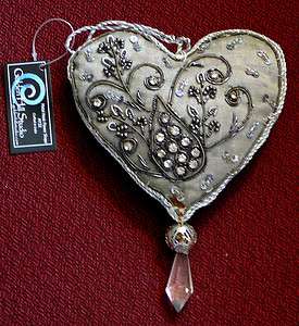 Silk Heart Ornament with Clusters of Crystals  
