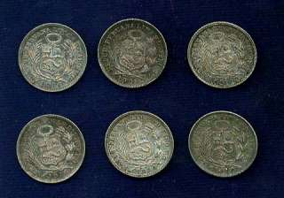 PERU REPUBLIC  1/2 DINERO COINS 1905, 1912, & 1914, LOT OF (6). XF 