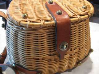 Vintage John Romain Fishing Creel Wicker Basket w/Leather XLT 