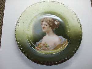 ANTIQUE VICTORIA AUSTRIAN GREEN PLATE W GIRL PORTRAIT  