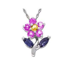  Pink, Yellow and Blue Sapphire Flower Pendant in 14K Gold 
