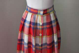Vintage 50s 80S PLAID LINEN Pleated Skirt RED and BLUE w/ BUTTONS 