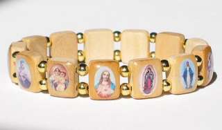 Tan Wood Saints Mary Jesus Golden Bead Bracelet Jewelry  