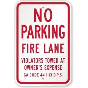 Georgia No Parking Fire Lane, Violators Towed At Owners Expense (GA 