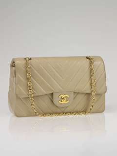 Chanel Beige Chevron Quilted Lambskin Leather Classic Medium Double 