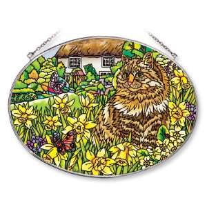 Amia 5626 Oval Suncatcher with Cat Design, Hand Painted Glass, 6 1/2 