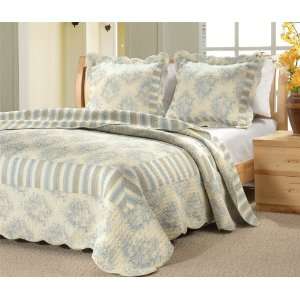  Country Floral Stripe Blue 3 Piece Bed Set (King)