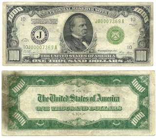 1928 US $1000 FEDERAL RESERVE NOTE KANSAS CITY FRN LOW S/N J00007369A 