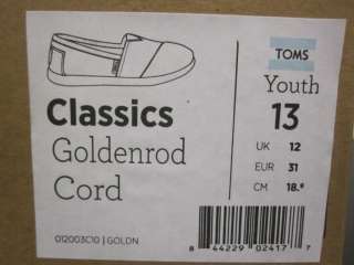 Toms Youth Classic Goldenrod Corduroy BNIB Size Y12 Y3 $50  