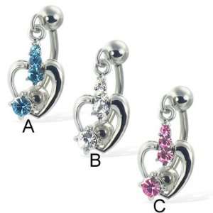 Reversed belly button ring with jewel on dangling hollow heart, pink 