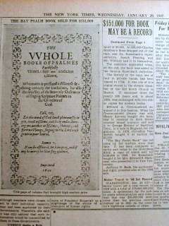 1947 NY Times newspaper 1640 BAY PSALM BOOK sold ROSENBACH   new 