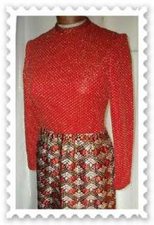 Vintage 70s Metallic Brocade Knit Maxi Party Dress B36  
