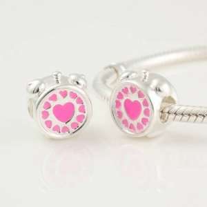 925 Sterling Silver Pink Love Hearts Alarm Clock Pink Enamel Bead 