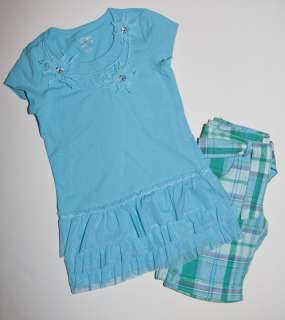 JUSTICE/OLD NAVY   Blue Short Sleeve Tunic & Old Navy Plaid Shorts 