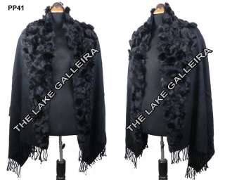 BLACK 4 Ply 100% Pashmina Cashmere Wool Shawl Wrap Scarf Rabbit Fur 