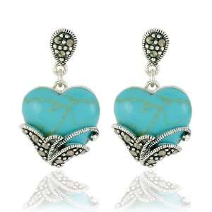    Sterling Silver Marcasite and Turquoise Heart Earrings Jewelry