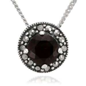   Silver Marcasite and Garnet Colored Glass Round Pendant, 18 Jewelry