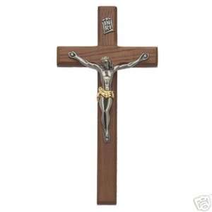   Catholic Dark Walnut Wood Wall Pewter 2 Tone Crucifix