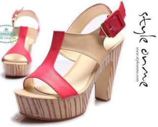 New Women Candy Color Block T Strap Sandals Shoes Platform High Heels 
