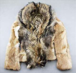 Leopard Inside Raccon Collar Rabbit Fur Coat Tan 817  