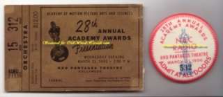 1956   28th ANNUAL ACADEMY AWARDS Original Event TICKET & PINBack 