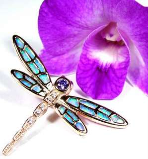   Amethyst & Blue Fire Opal Inlay 925 Silver Dragonfly Pendant  