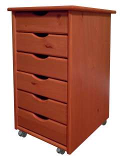   HARDWOOD ROLLING CABINET CART WITH 6 DRAWERS. PINE WOOD FINISH  