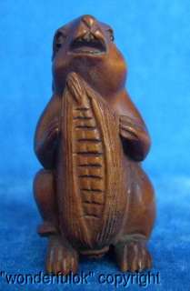 B245 Handwork Boxwood Carving Netsuke Of Mouse & Corn  