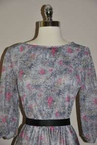 VINTAGE GRAY PINK FLORAL POLYESTER ACCORDIAN BUSINESS DRESS SZ M 
