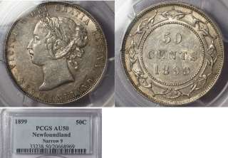 Newfoundland 50 cents 1899 Narrow 9   PCGS AU50   Trends $1000  
