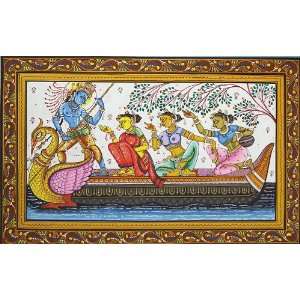 Shri Krishna and Gopis on the Ferry Boat of Love   Watercolor on Patti 