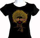 Lady with Afro   GOLD   Rhinestone Iron on T Shirt   Pick Size S 3XL 