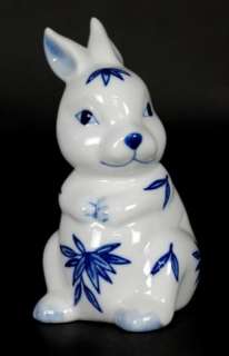 CERAMIC BLUE WHITE RABBIT Bunny Statue Chinese Figurine  
