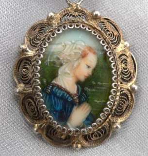   HAND PAINTED Portrait Painting Under Glass 800 Silver Filigree PENDANT