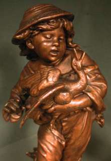 Pair Antique Victorian METAL Statues Boy Girl Lamb Bird  