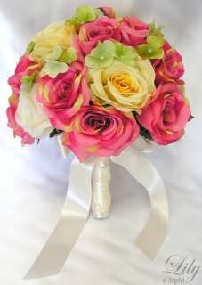 17pc Wedding Round Bridal Bouquet Flower FUCHSIA YELLOW  