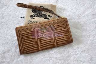BNIB 100%Auth Burberry ruched leather wristlet clutch bag wallet brown 