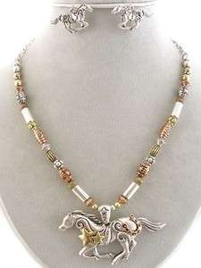 Chunky Western Tri Tone Bead Horse Pendant Necklace and Earrings Set 
