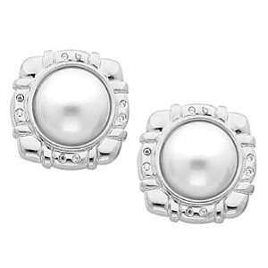  14K White Gold Mabe Pearl and Diamond Earrings Jewelry