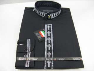   Clergy Black and White Preacher Pastor Cross Embroidery Shirt  