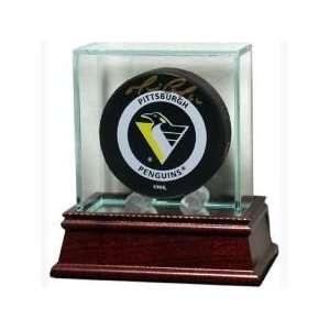  Glass Hockey Puck Display Case With Cherry Wood Base 