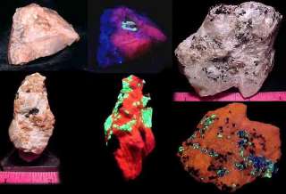 Before and after pictures of fluorescent sensitive minerals.