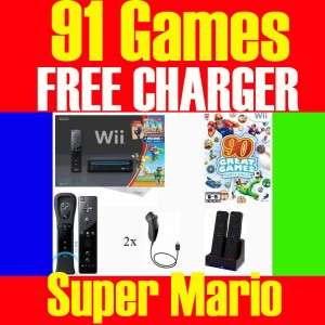   BLACK Wii CONSOLE SYSTEM TWO PLAYERS 91 GAMES SUPER MARIO BROS  