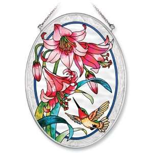 Amia Hand Painted Glass Suncatcher with Lilly and Hummingbird Design 