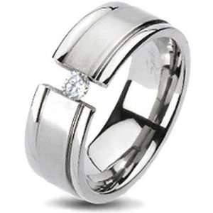 Size 10  Spikes Solid Titanium Brushed Center Cubic Zirconia Band Ring